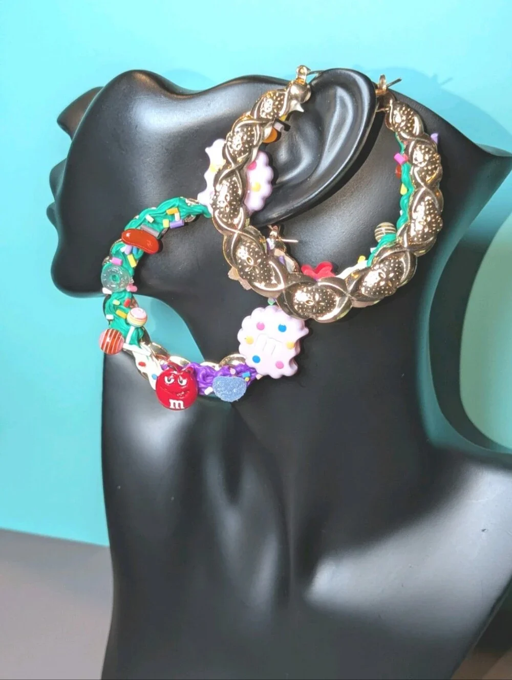 Hand Crafted Decoden Multicolor Candy Hoop Earrings -Green & Purple & Red & Pink